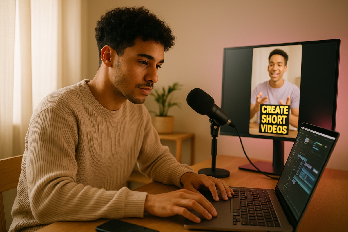 A creator editing a short vertical clip on a laptop