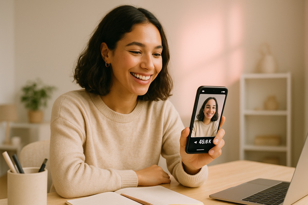 A clipper smiling at a short video gaining views on their phone